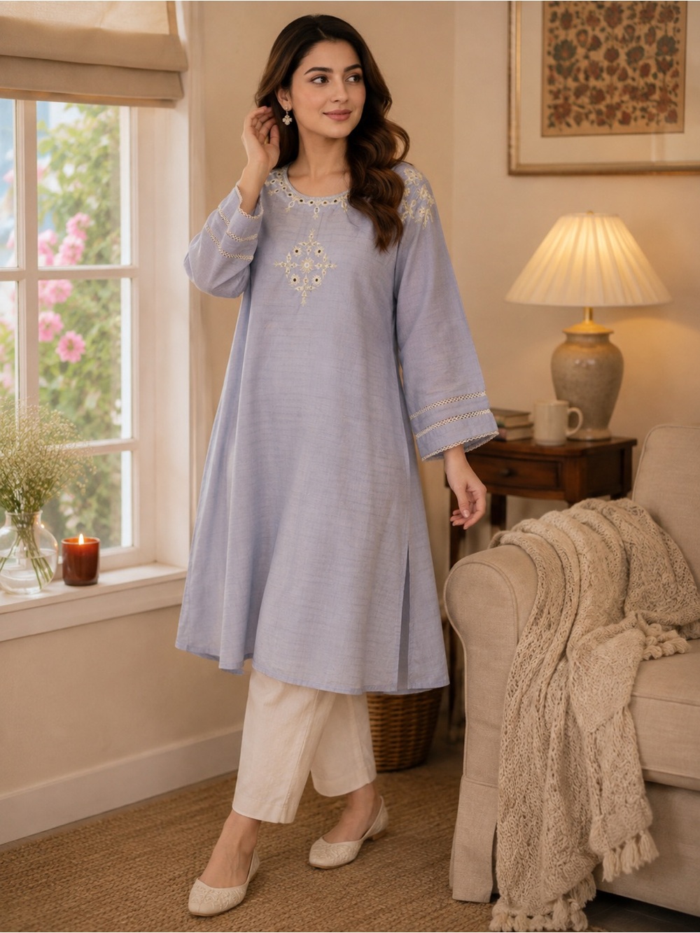 Ethnic mirror kurti Elegant Light Lavender Embroidered Women’s Tunic Top